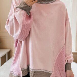 B333  Light Pink Color Block Mix Texture Waffle Patchwork Oversize Sweatshirt